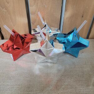 Lot Of 4 Star Novelty Tumblers With Straws Patriotic 9 Oz Red Silver Blue New